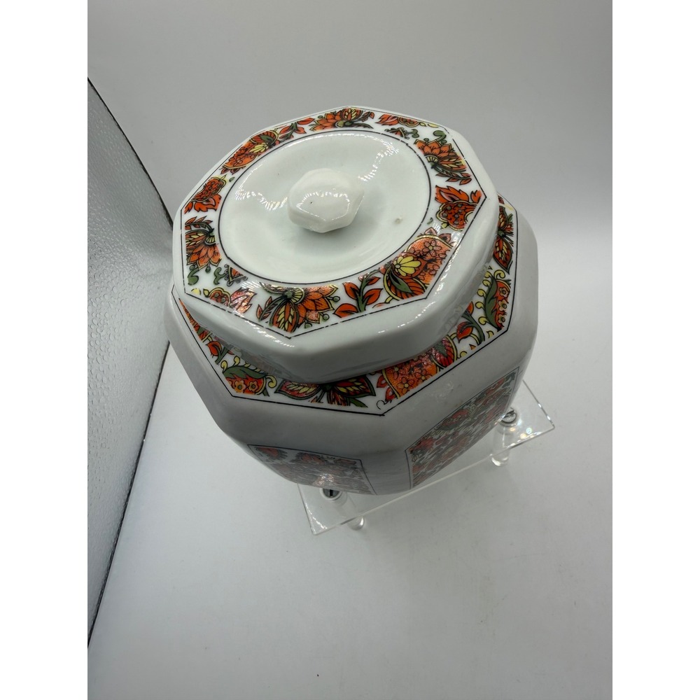 Hung‎ Jin China Octagonal Ginger Jar Floral Paisley Orange White Lidded Pot 4.5" - Picture 2 of 8